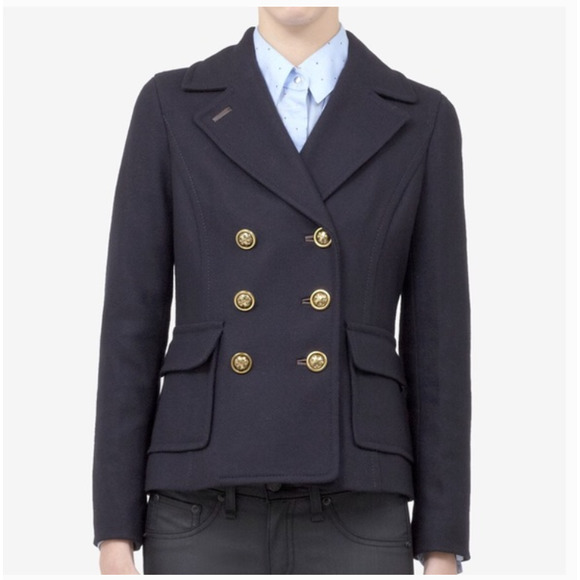 TORY BURCH • Navy Blue Alexandre Removable Fur Trim Pea Coat Sz 4 - Picture 2 of 11